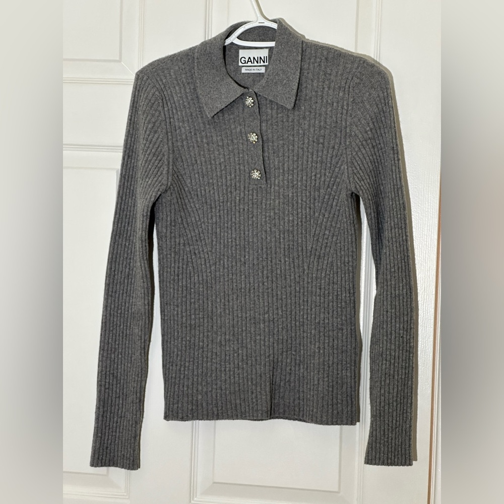 GANNI Grey Ribbed Merino Polo Sweater Shirt with Crystal Details